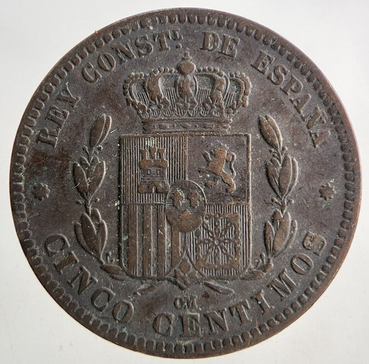 1878 Spain Cinco 5 Centimos Coin | Fine Collectable Grade