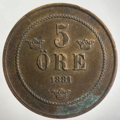 1881 Sweden 5 Ore Coin | Fine Collectable Grade