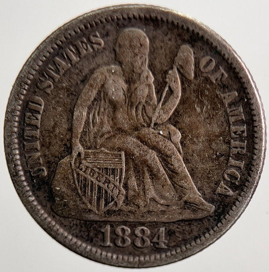 1884 US Seated Liberty Dime Silver Coin On Mount | Fine Collectable Grade a5675