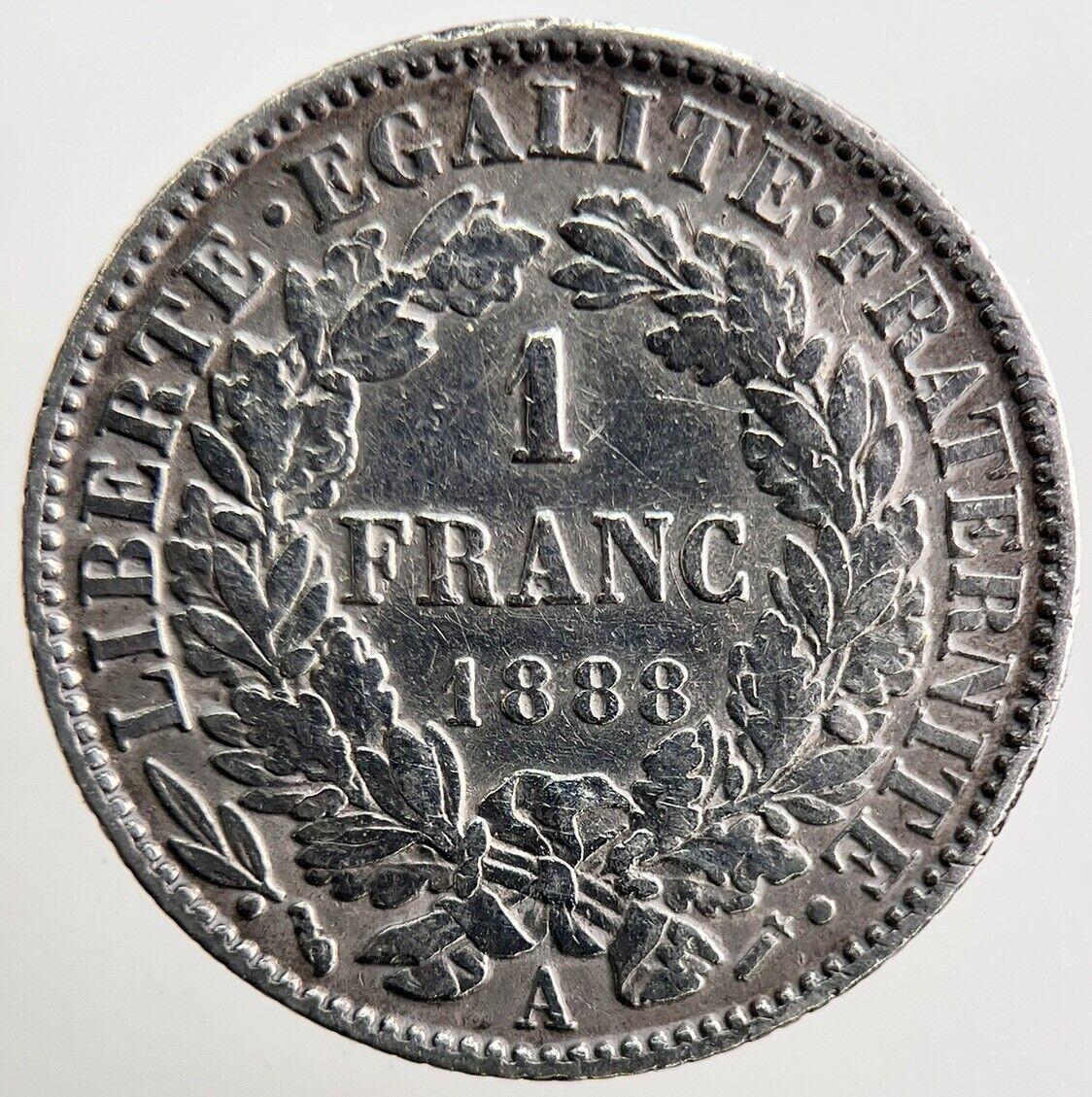 1888-A France 1 One Franc Silver Coin | Fine Collectable Grade