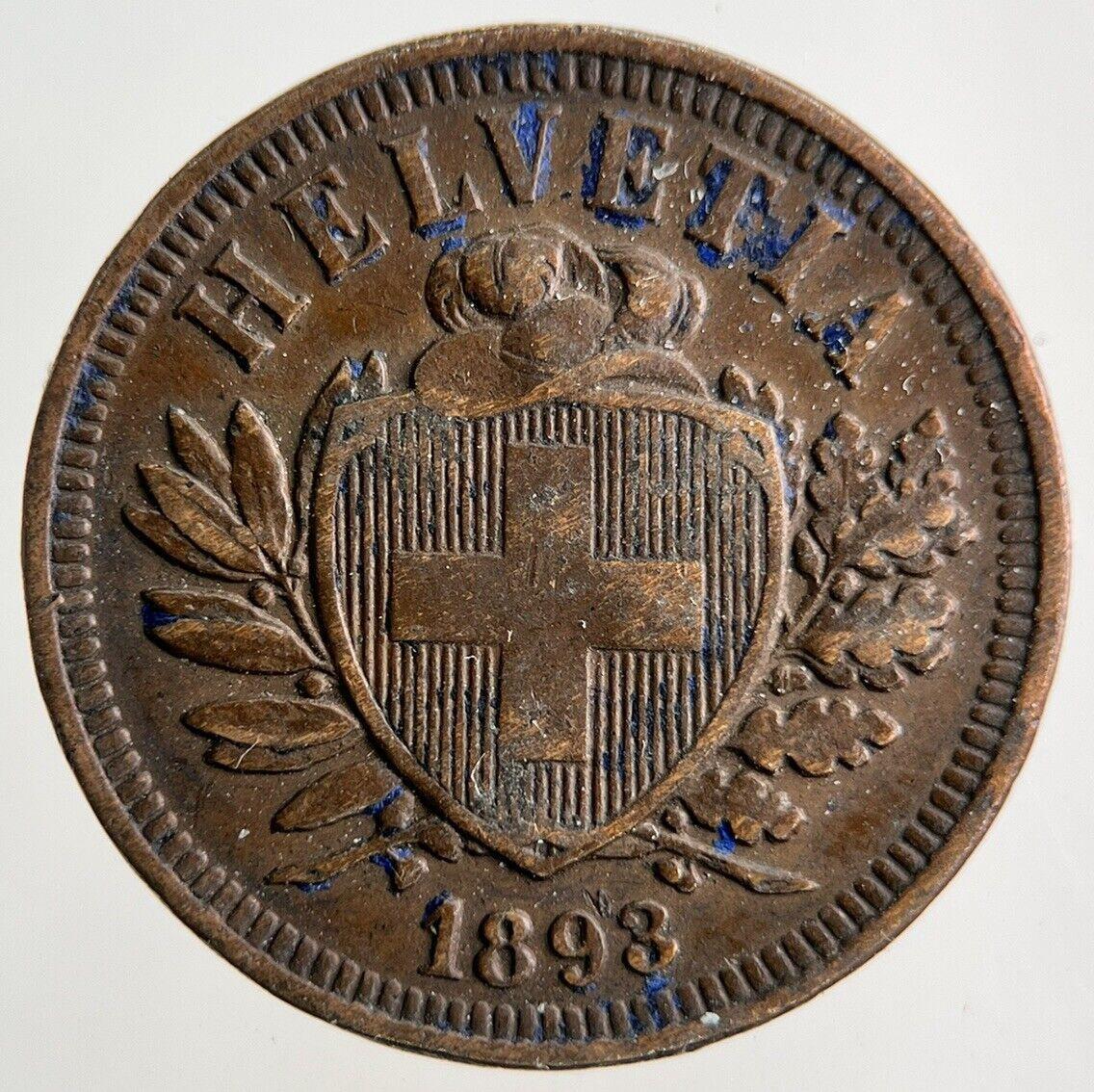 1893 Switzerland Swiss 2 Rappen Coin | Fine Collectable Grade