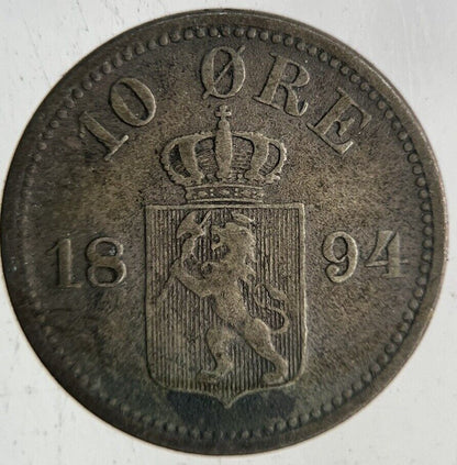 1894 Norway 10 Ore Silver Coin | Fine Collectable Grade