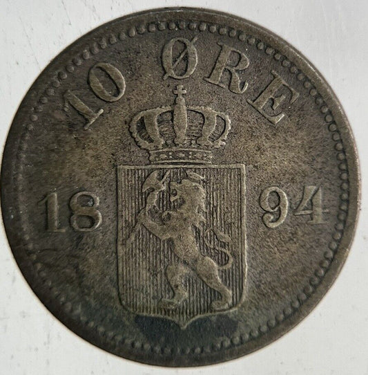 1894 Norway 10 Ore Silver Coin | Fine Collectable Grade