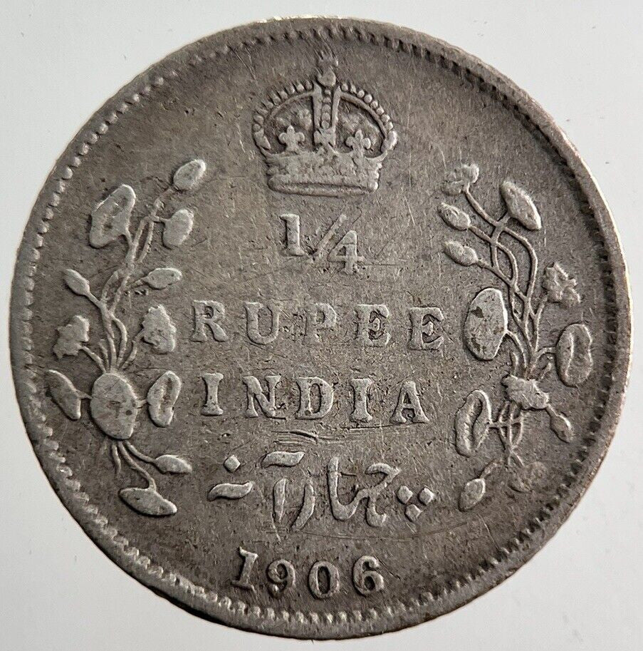 1906 India 1/4 Quarter Rupee Silver Coin | Fine Collectable Grade