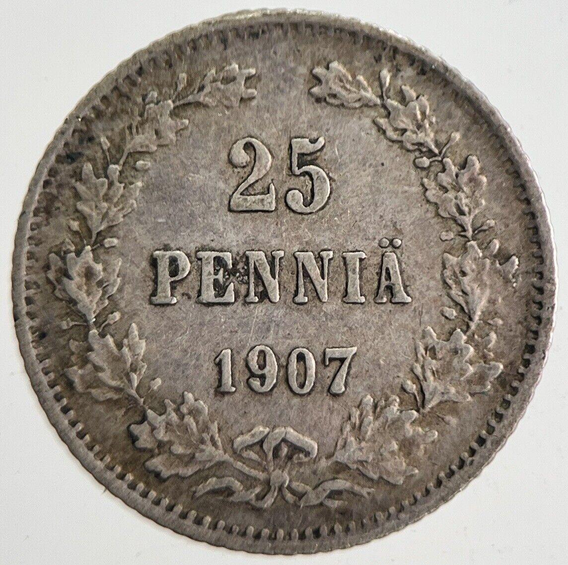 1907 Finland 25 Pennia Silver Coin | Very High Grade | a4867