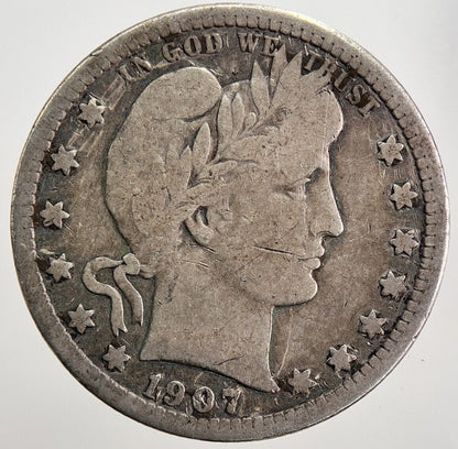1907 US USA Barber Quarter Silver Coin | Fine Collectable Grade | a5627