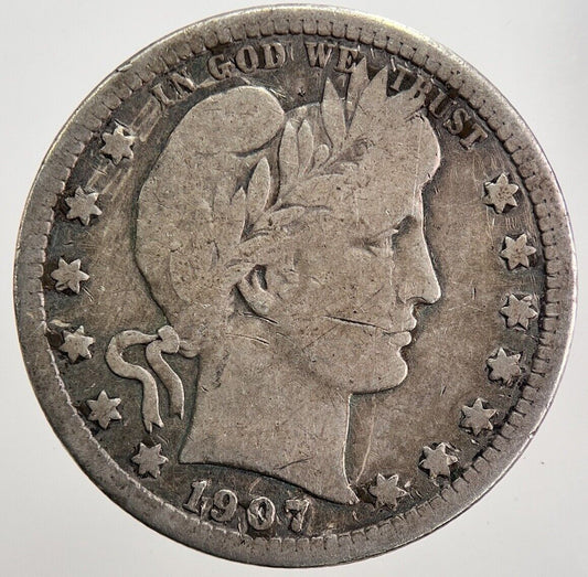 1907 US USA Barber Quarter Silver Coin | Fine Collectable Grade | a5627