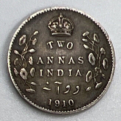 1910 Edward VII Indian 2 Two Annas Silver Coin | Fine Collectable Grade | a300