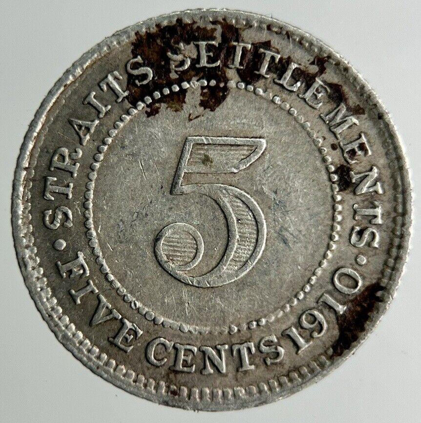 1910 Malaya Settlement Straits 5 Cents Silver Coin | Fine Collectable Grade