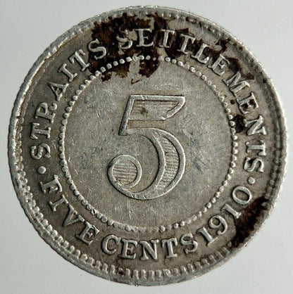 1910 Malaya Settlement Straits 5 Cents Silver Coin | Fine Collectable Grade