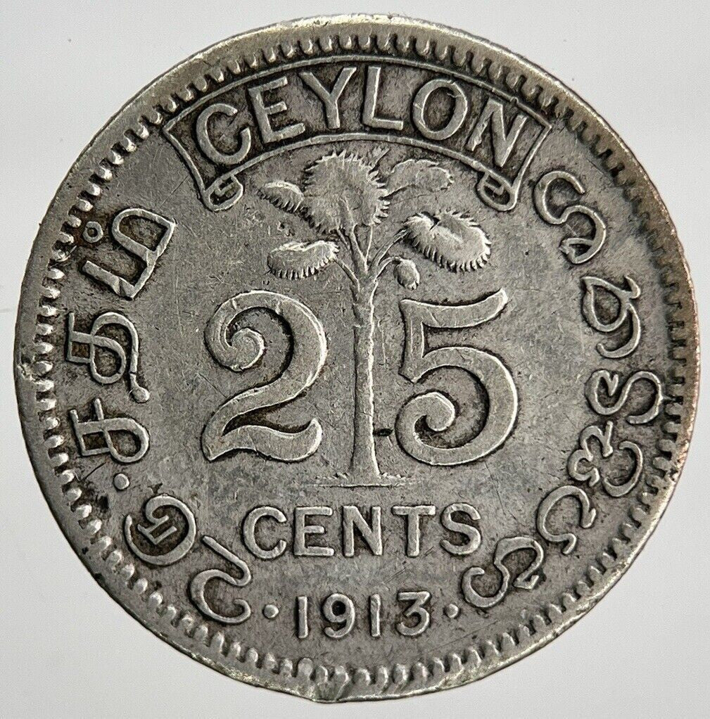 1913 25 Cents Ceylon Silver Coin | Collectable Grade | a1997