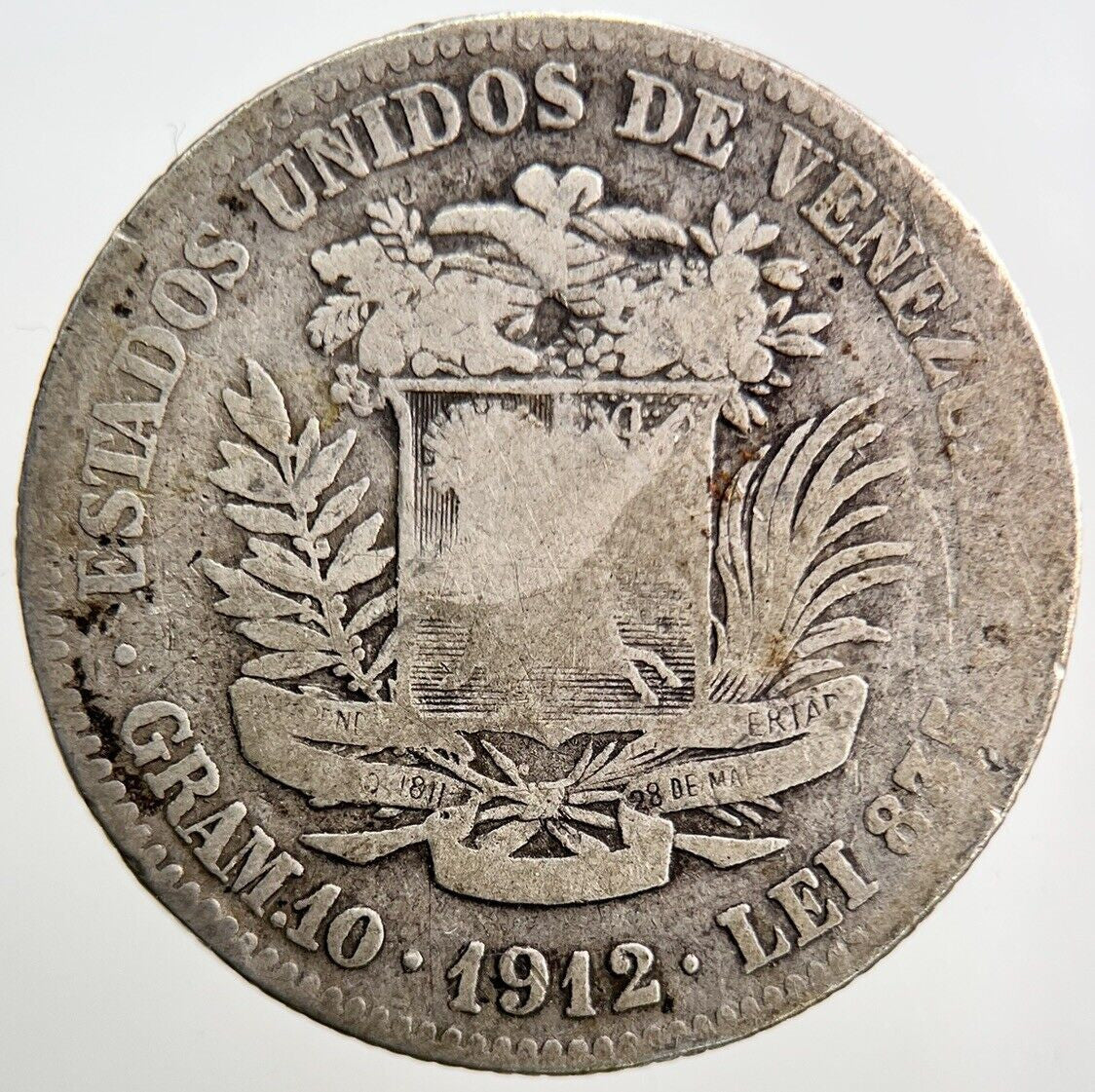 1912 Venezuela 2 Bolivar Silver Coin | Collectable Grade | a3721
