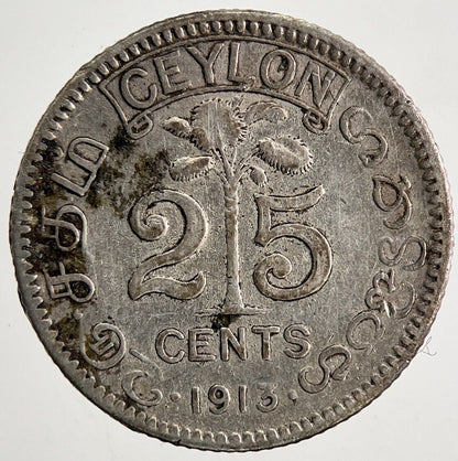 1913 Ceylon 25 Cents Sri Lanka Silver Coin | Fine Collectable Grade | a9485