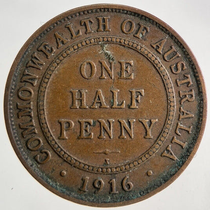1916 Australia Half-Penny Coin | Fine Collectable Grade