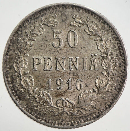 1916 Finland 50 Pennia Silver Coin | Very High Grade | a4854