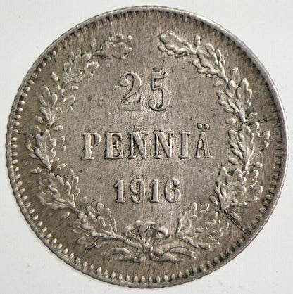 1916 Finland 25 Pennia Silver Coin | Very High Grade | a4860