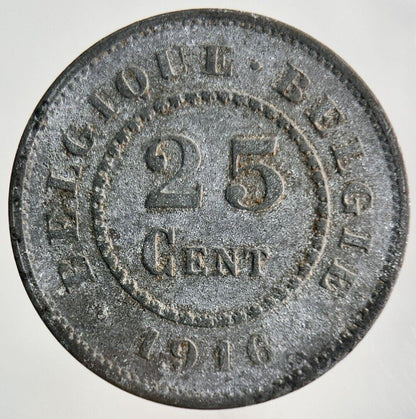 1916 Belgium 25 Cent Centimes Coin | Fine Collectable Grade