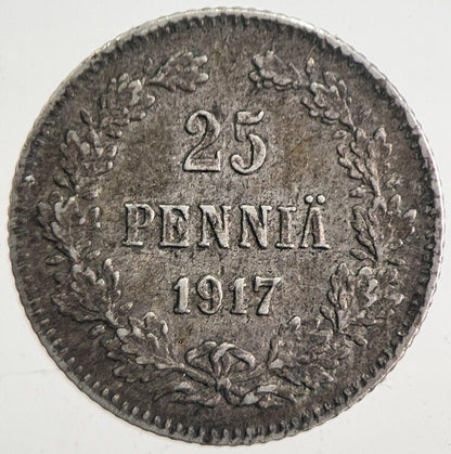1917 Finland 25 Pennia Silver Coin | Very High Grade | a4858