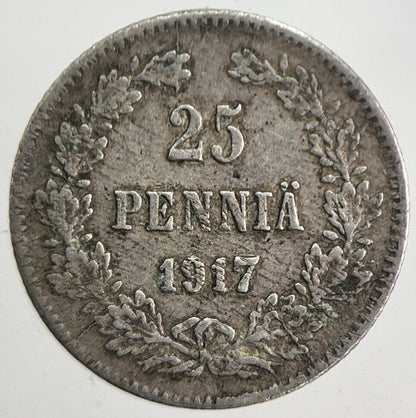 1917 Finland 25 Pennia Silver Coin | Very High Grade | a4859