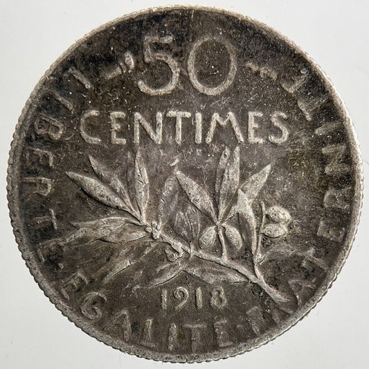 1918 France 50 Centimes Silver Coin | Fine Collectable Grade