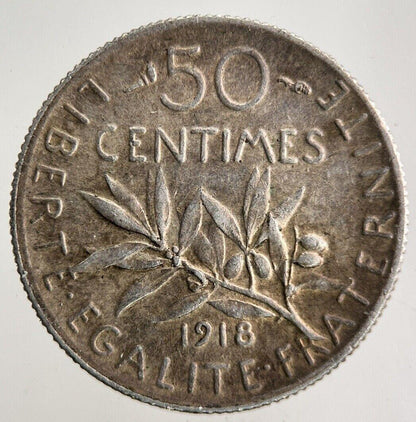 1918 France 50 Centimes Silver Coin | Fine Collectable Grade