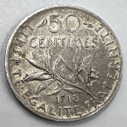 1918 France 50 Centimes Silver Coin | Fine Collectable Grade | a683