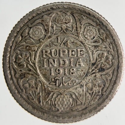 1918 India 1/4 Quarter Rupee Silver Coin | Collectable Grade