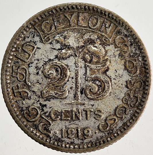 1919 25 Cents Ceylon Sri Lanka Silver Coin | Fine Collectable Grade | a8761
