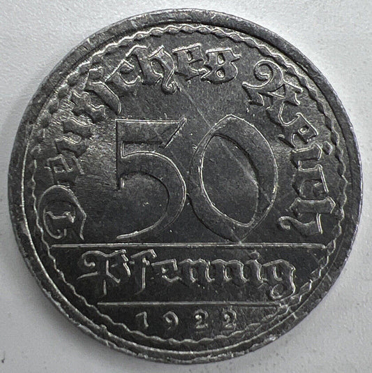 1922 50 Pfennig Germany Zinc Coin | Fine Collectable Grade | a1312