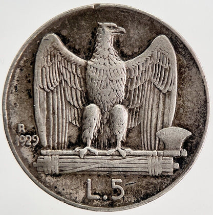 1929 Italy 5 Lira Silver Coin | Fine Collectable Grade | a6221