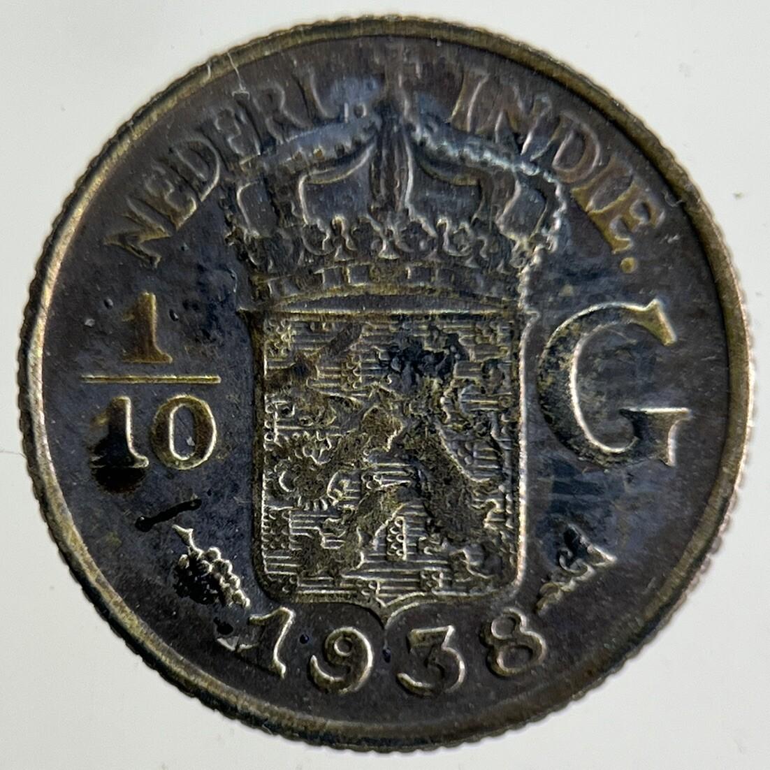 1938 Netherlands East Indies 1/10 Gulden Silver Coin | Fine Collectable Grade