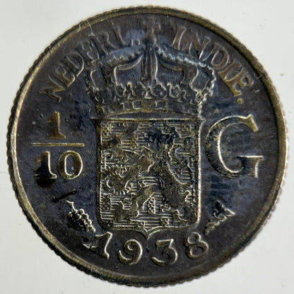 1938 Netherlands East Indies 1/10 Gulden Silver Coin | Fine Collectable Grade