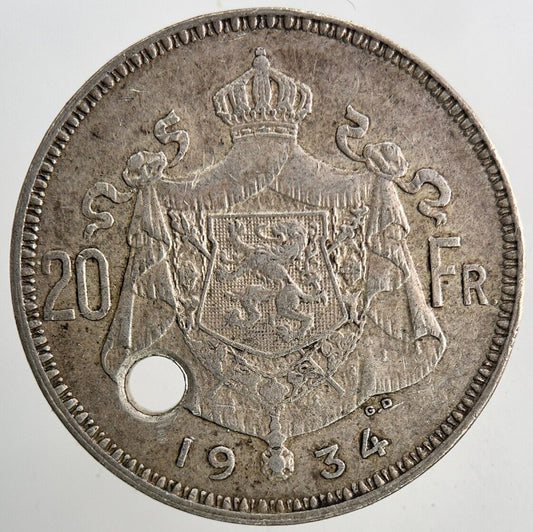 1934 Belgium 20 Franc Silver Coin | Fine Collectable Grade | a6563