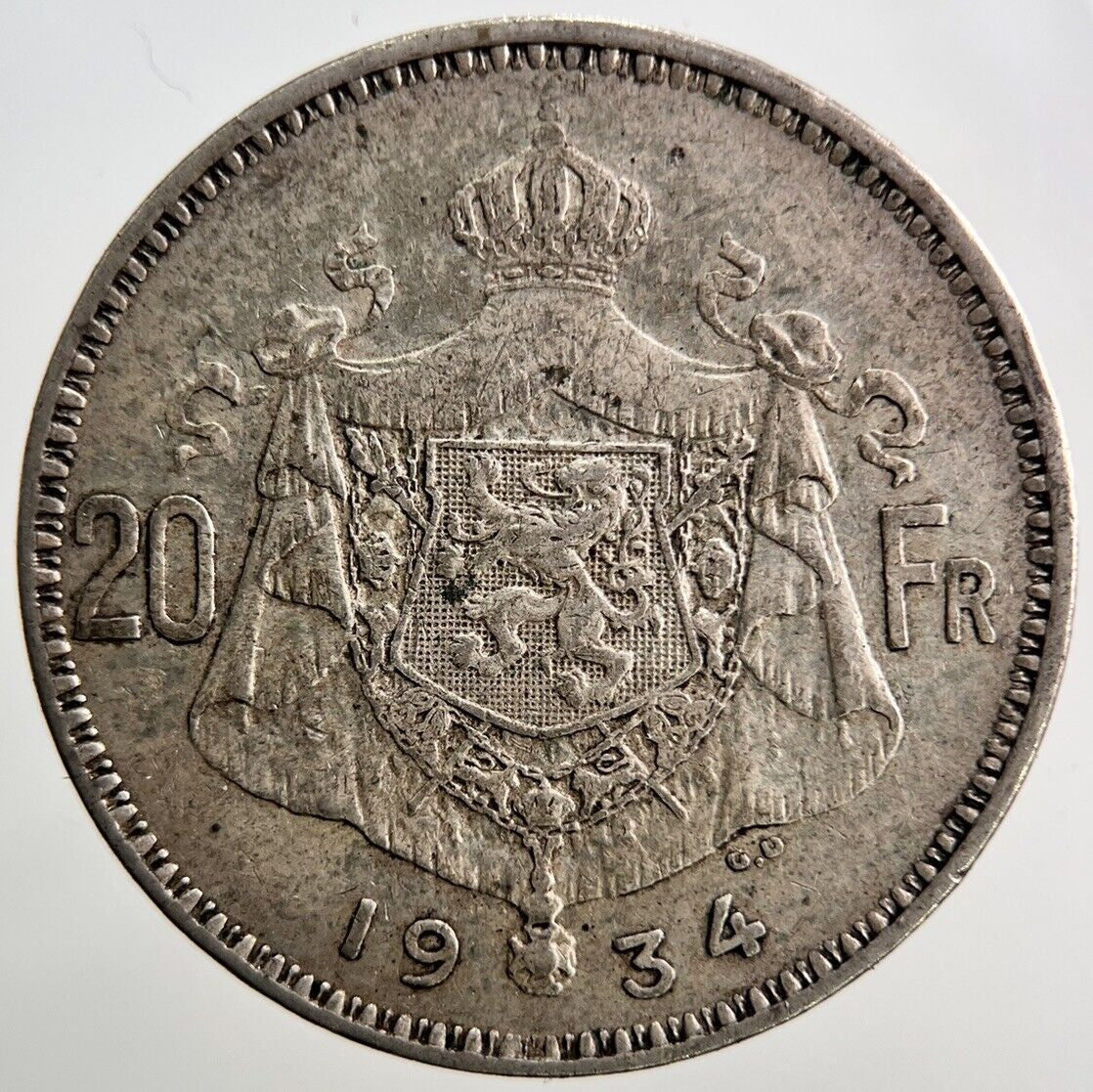 1934 Belgium 20 Francs Silver Coin | Fine Collectable Grade | a3718
