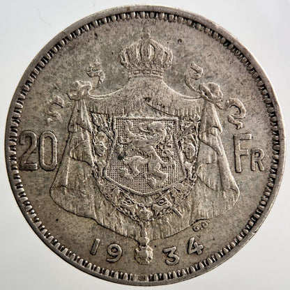 1934 Belgium 20 Francs Silver Coin | Fine Collectable Grade | a3718