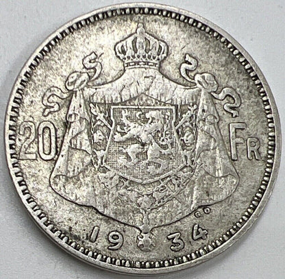 1934 20 Franc | Belgium Silver Coin | Collectable Grade | a673