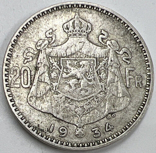 1934 20 Franc | Belgium Silver Coin | Collectable Grade | a673