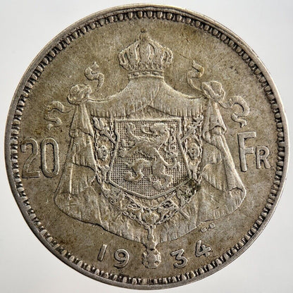 1934 Belgium 20 Franc Silver Coin | Fine Collectable Grade