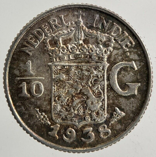 1938 Netherlands 1/10 Gulden East Indies Silver Coin | Fine Collectable Grade
