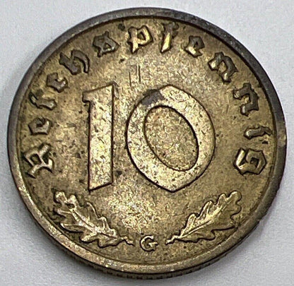 1938-G Germany Nazi 10 Pfennig Coin | Fine Collectable Grade | a427