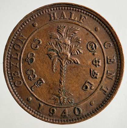 1940 Ceylon 1/2 Half Cent Coin | Very High Grade