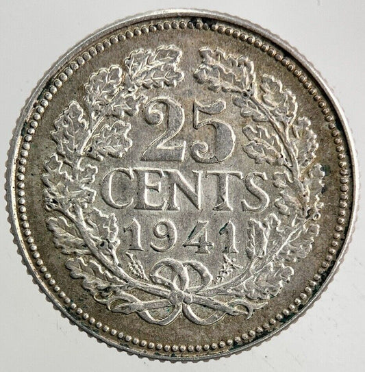 1941 Netherlands 25 Cents Silver Coin | Very High Grade