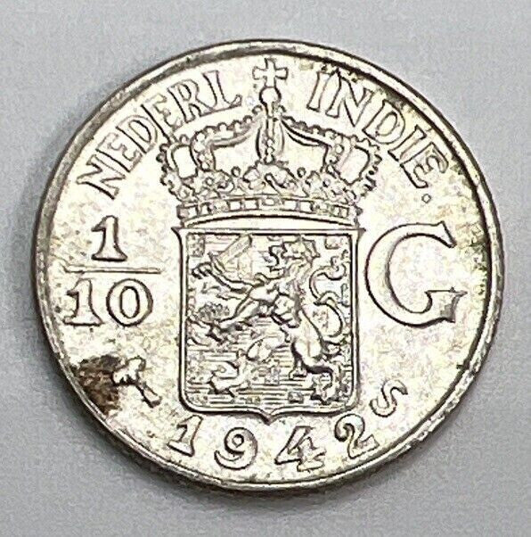 1942 East Indies 1/10 Gulden | Netherlands Silver Coin | Very Fine Grade | a101