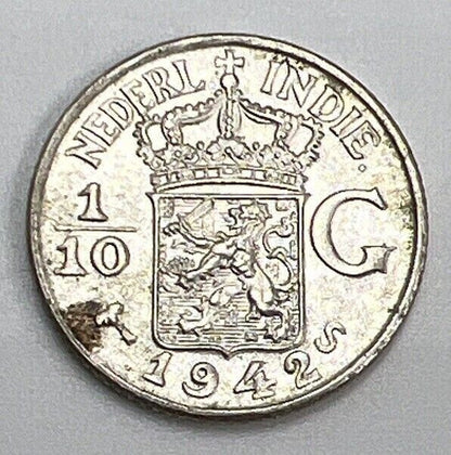 1942 East Indies 1/10 Gulden | Netherlands Silver Coin | Very Fine Grade | a101
