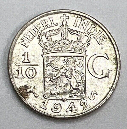 1942 East Indies 1/10 Gulden | Netherlands Silver Coin | Very Fine Grade | a101
