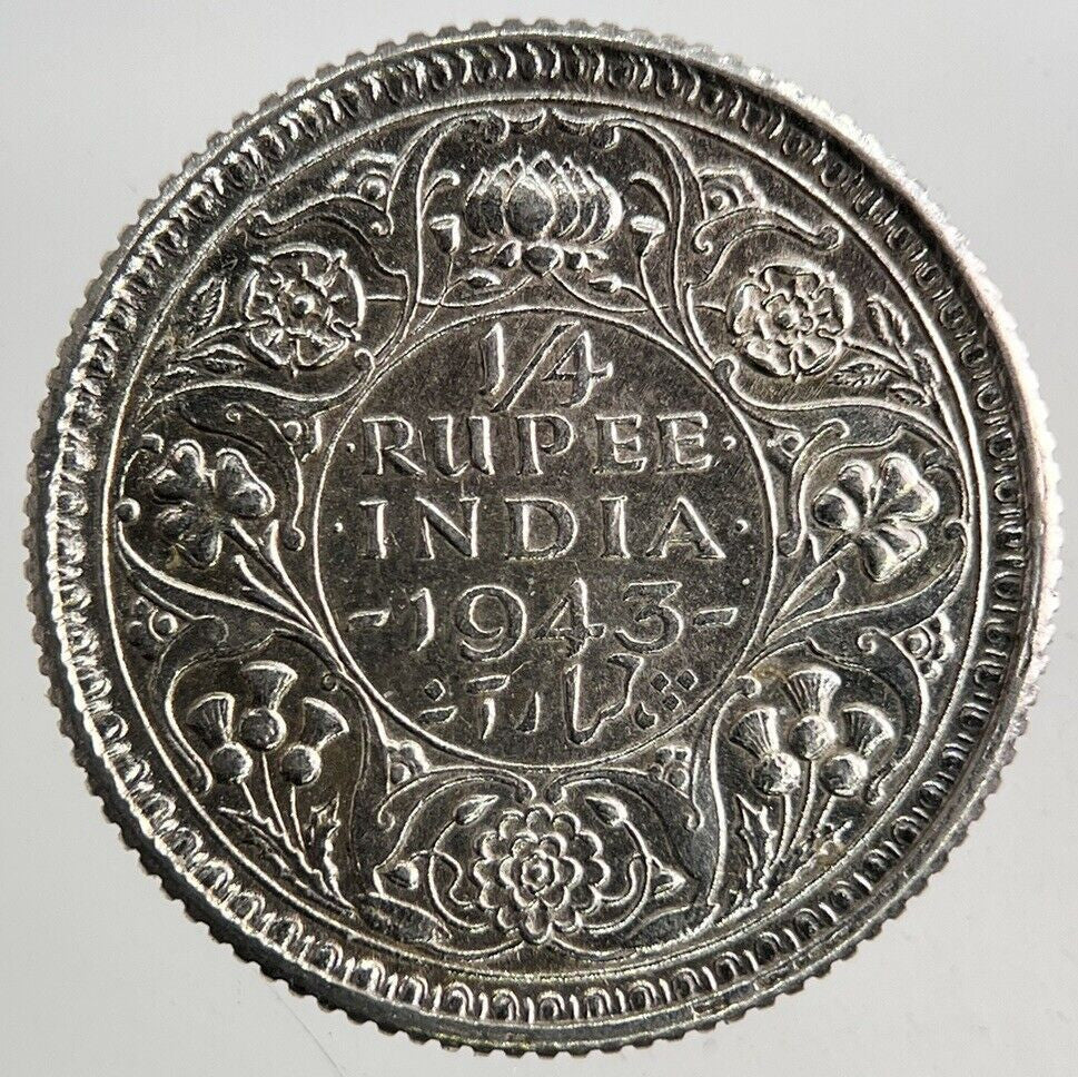 1943 India 1/4 Quarter Rupee Silver Coin | Very High Grade