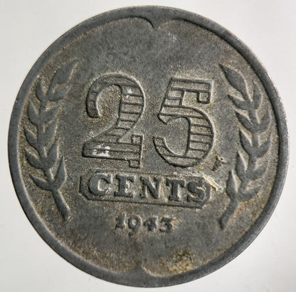 1943 Netherlands 25 Cents Coin | Fine Collectable Grade