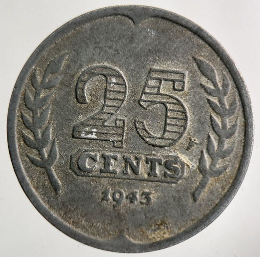 1943 Netherlands 25 Cents Coin | Fine Collectable Grade