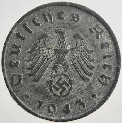 1943-B Germany Nazi 10 Pfennig Coin | Fine Collectable Grade | a7402