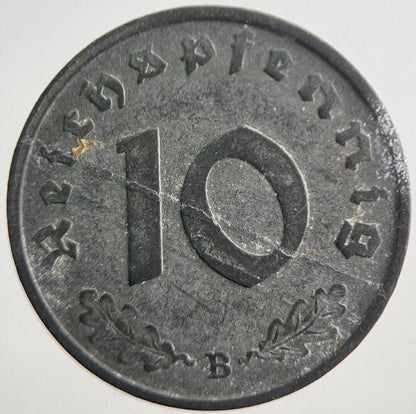 1943-B Germany Nazi 10 Pfennig Coin | Fine Collectable Grade | a7402